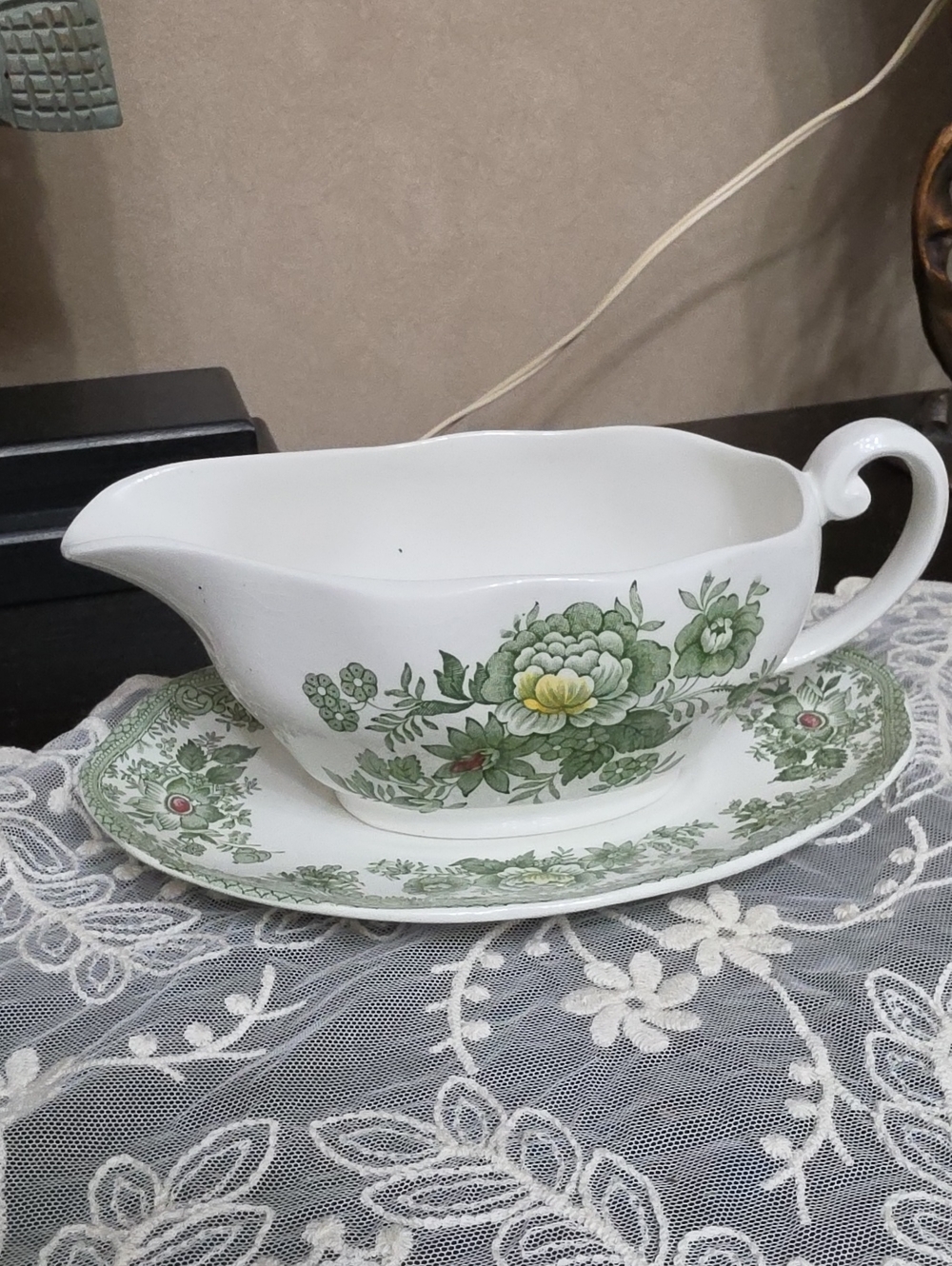 White Ceramic GraEnoch Wedgwood Tunstall Kent Gravy Boat with Green Floral Motif